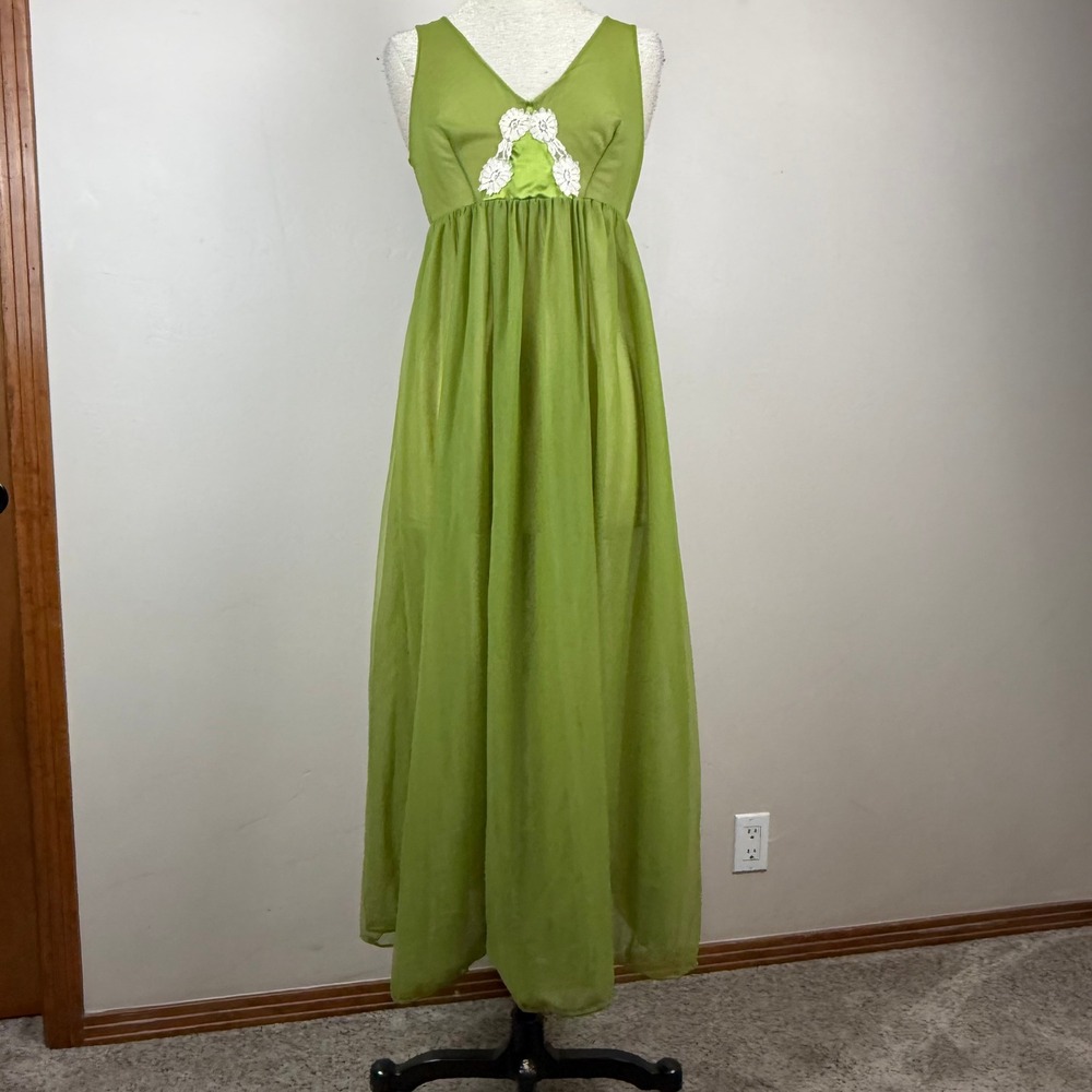 Vintage Nightgown Womens S Green Sheer Empire Waist 70s Lace Maxi Dress 8C6